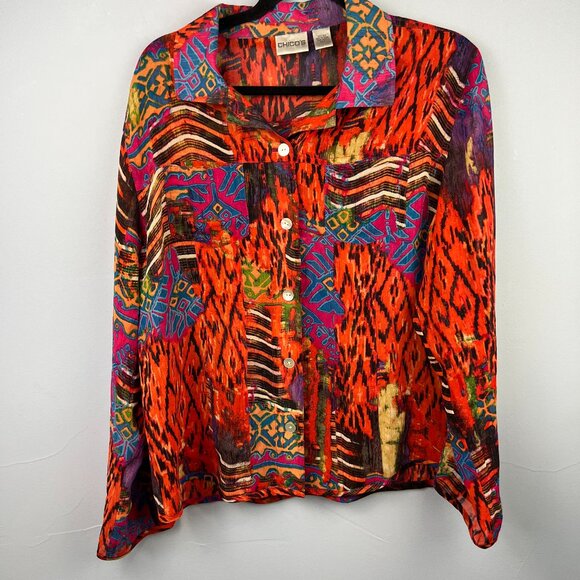 Chico's Silk Bright Abstract Mixed Printed Blouse Size 2 (L) Art to Wear  Artsy - Picture 1 of 7